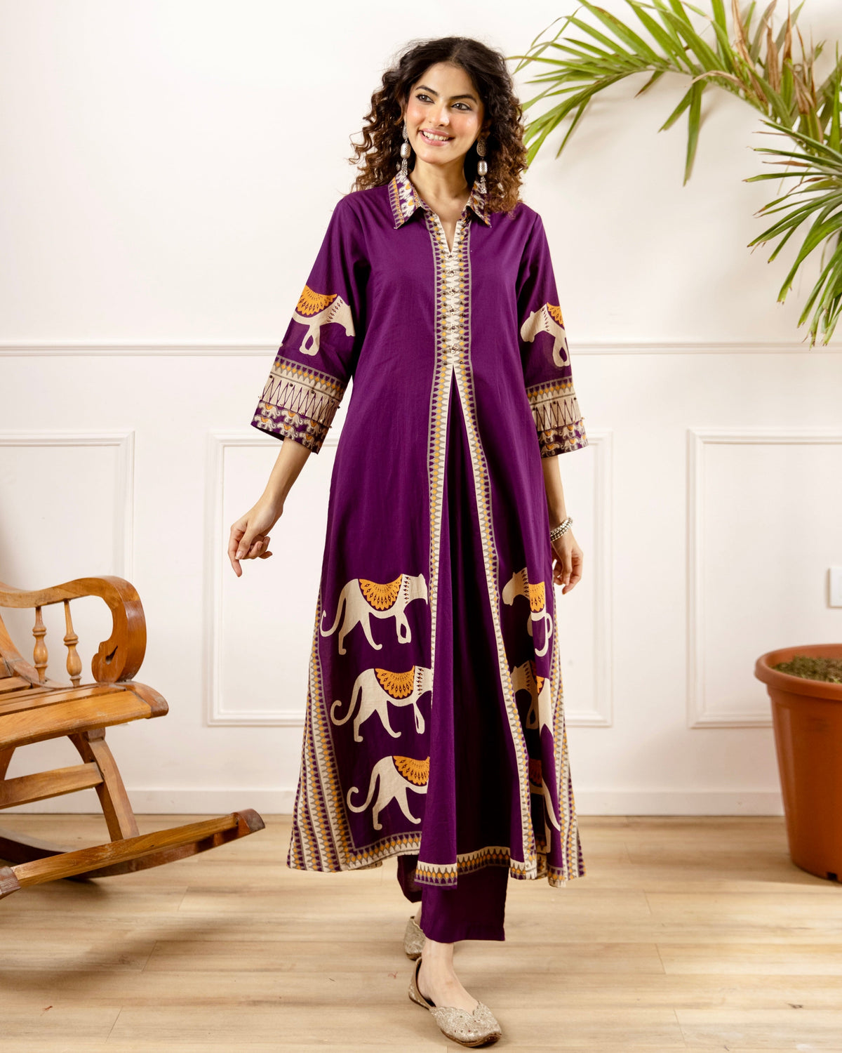 Purple Tribal Bagh Beadwork A Line Cotton Kurta Set