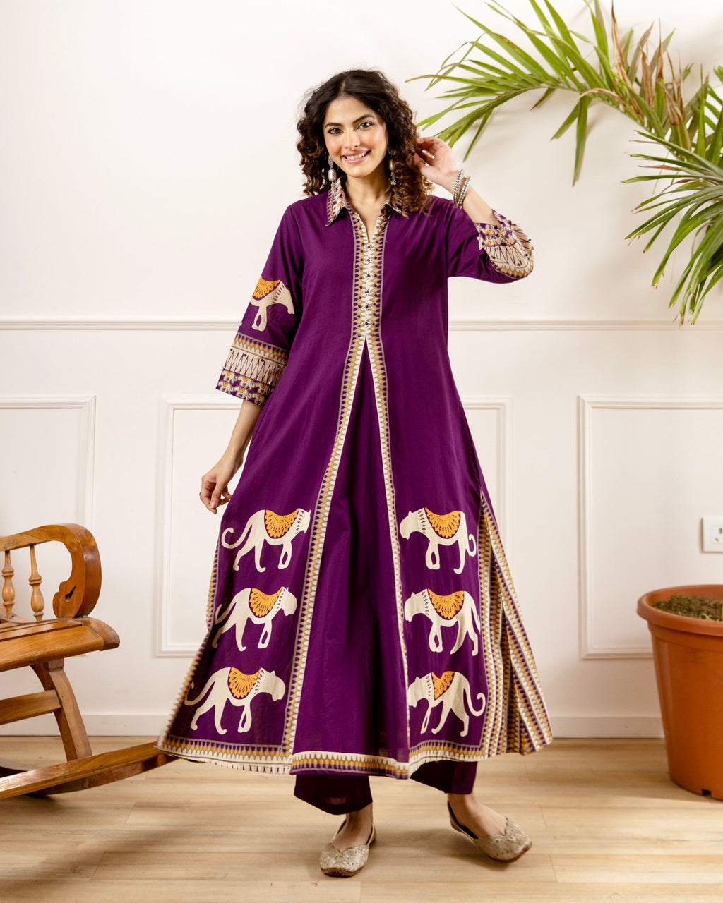 Purple Tribal Bagh Beadwork A Line Cotton Kurta Set