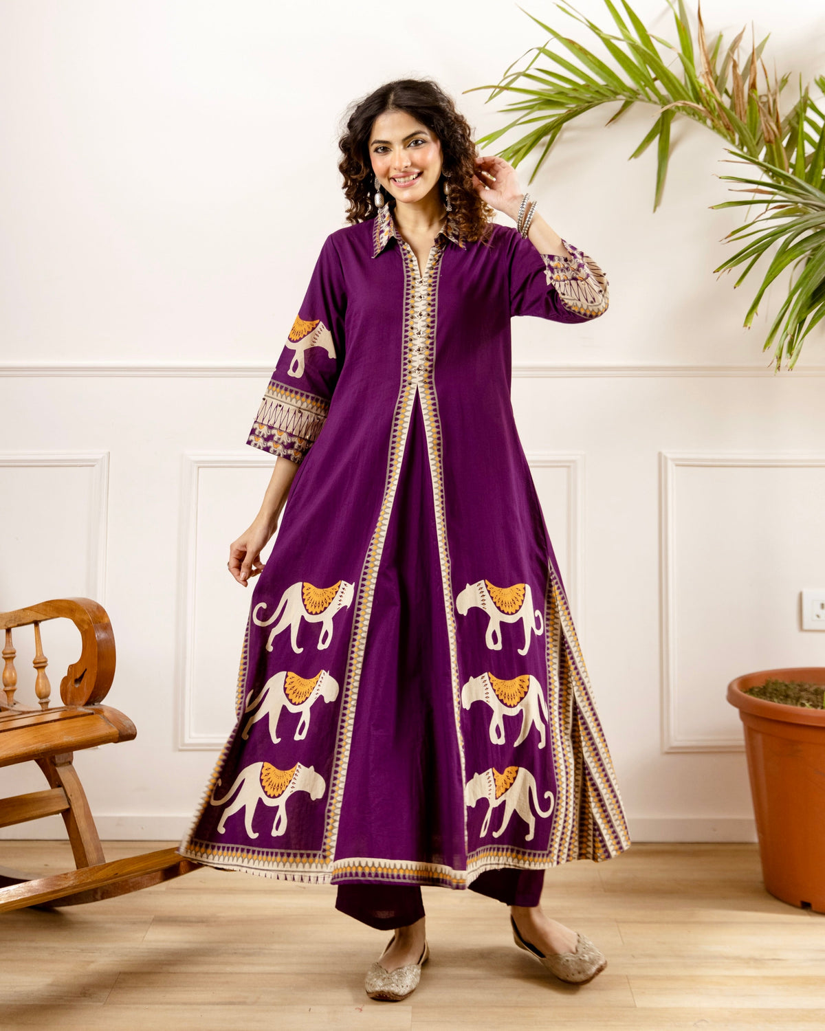 Purple Tribal Bagh Beadwork A Line Cotton Kurta Set