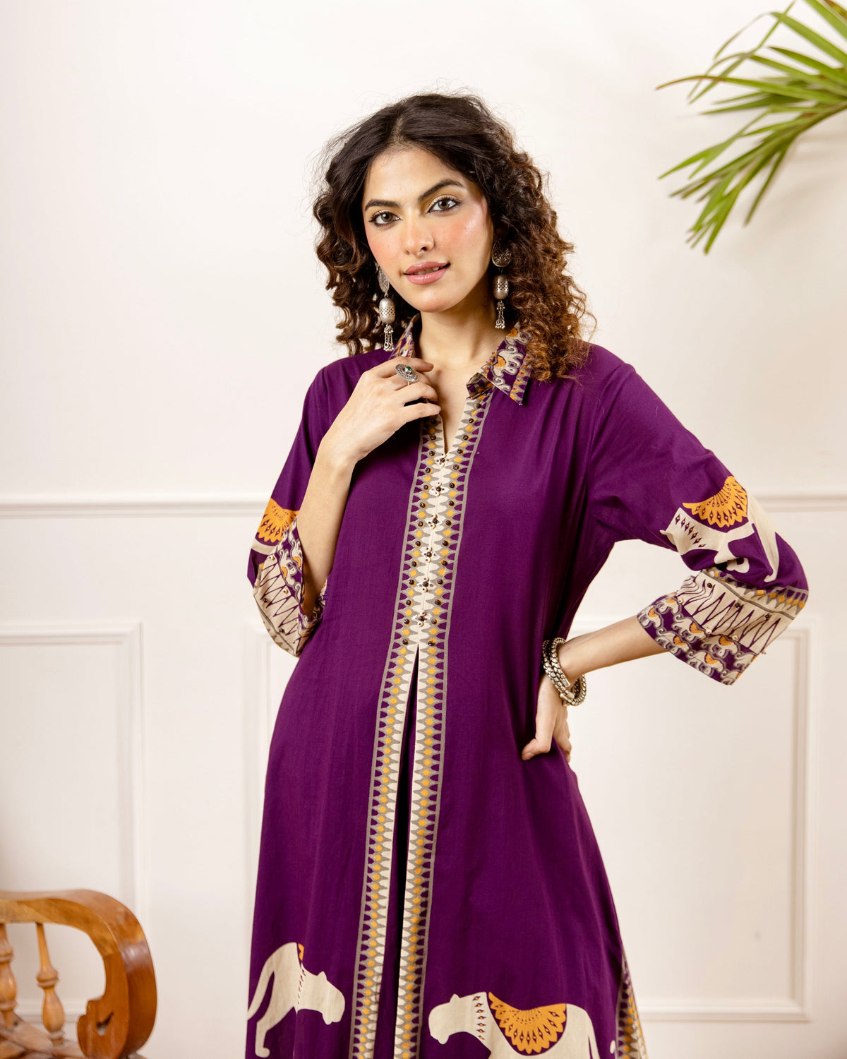 Purple Tribal Bagh Beadwork A Line Cotton Kurta Set