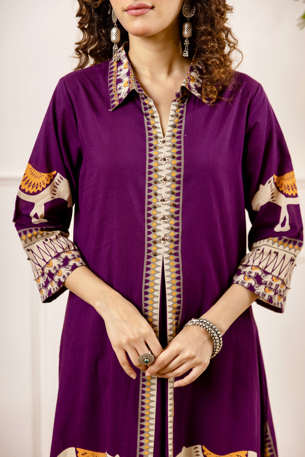 Purple Tribal Bagh Beadwork A Line Cotton Kurta Set