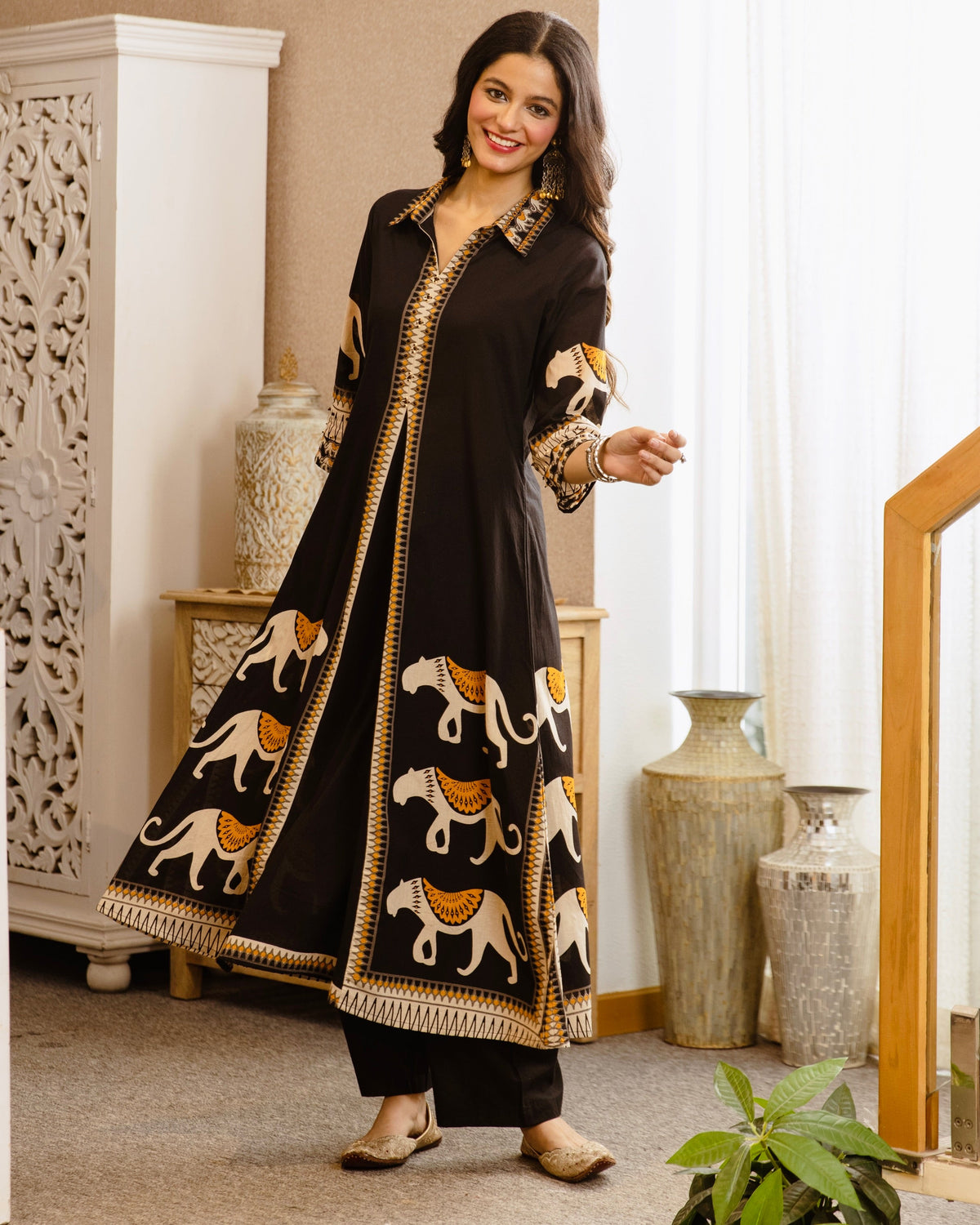 Black Tribal Bagh Beadwork A Line Cotton Kurta Set