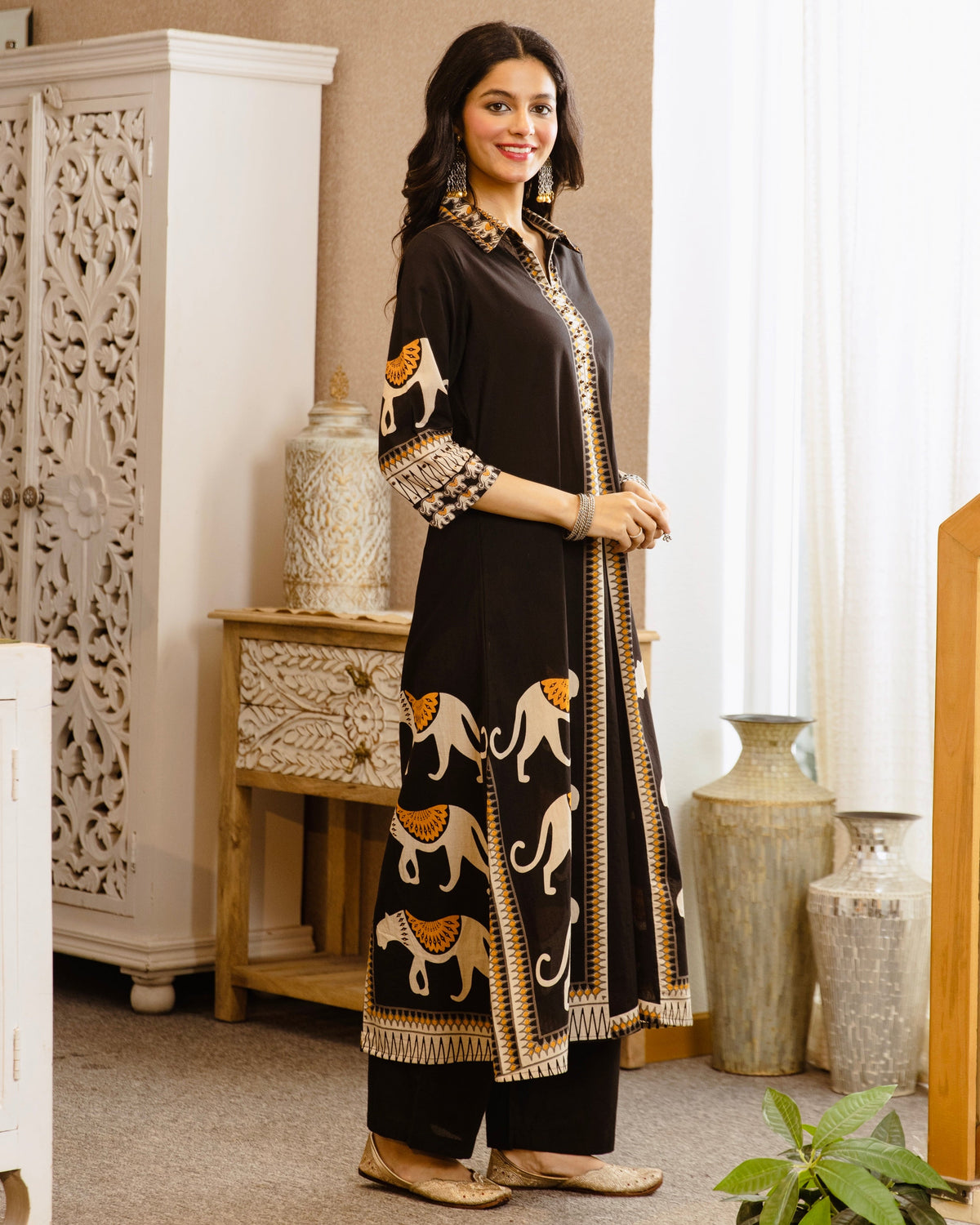 Black Tribal Bagh Beadwork A Line Cotton Kurta Set