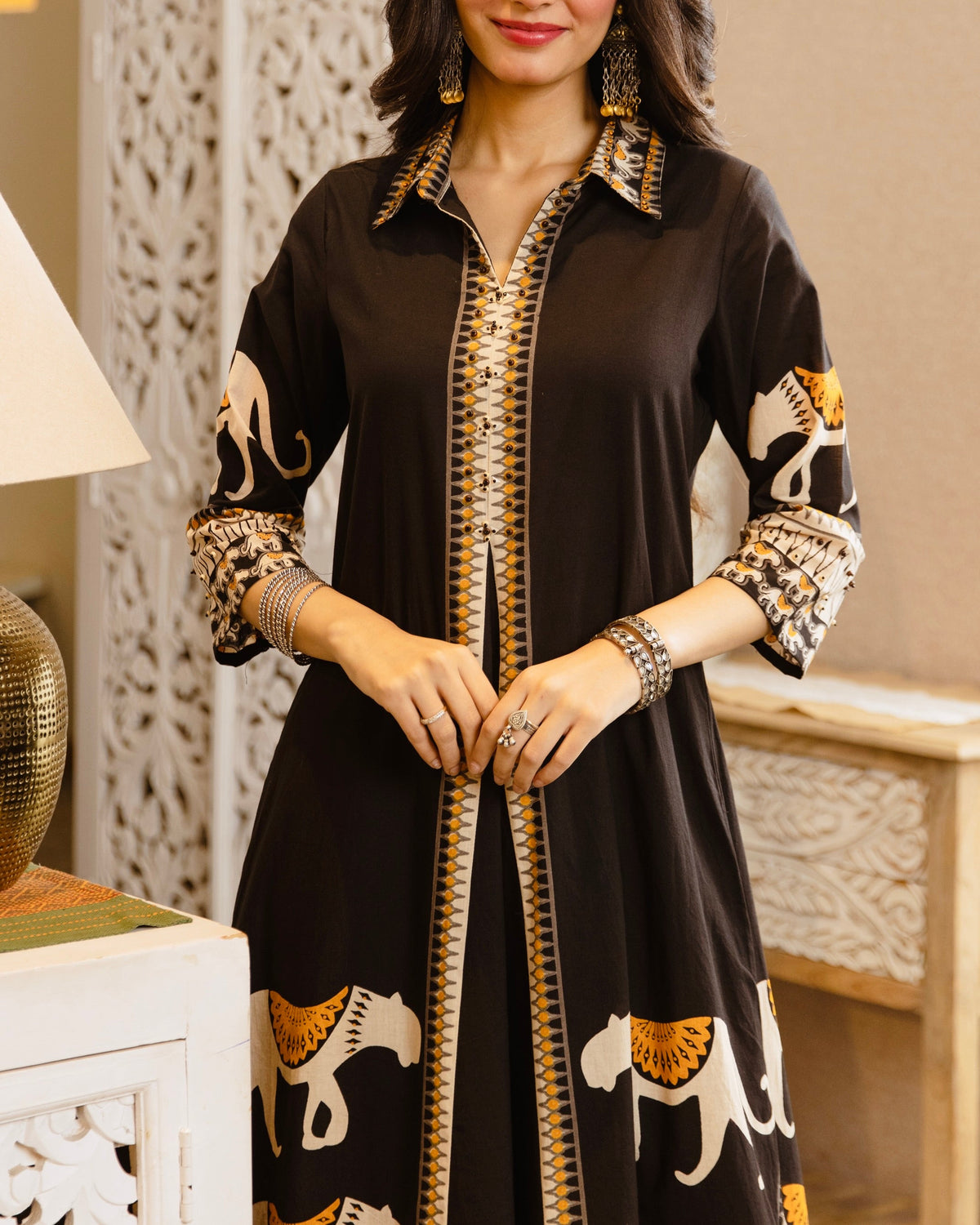 Black Tribal Bagh Beadwork A Line Cotton Kurta Set