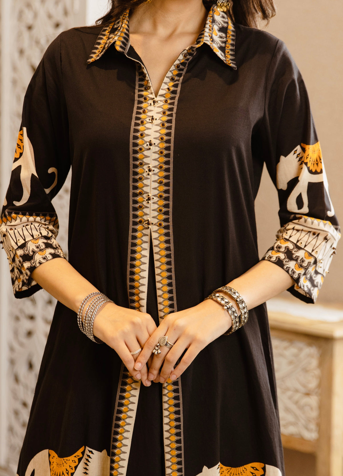 Black Tribal Bagh Beadwork A Line Cotton Kurta Set