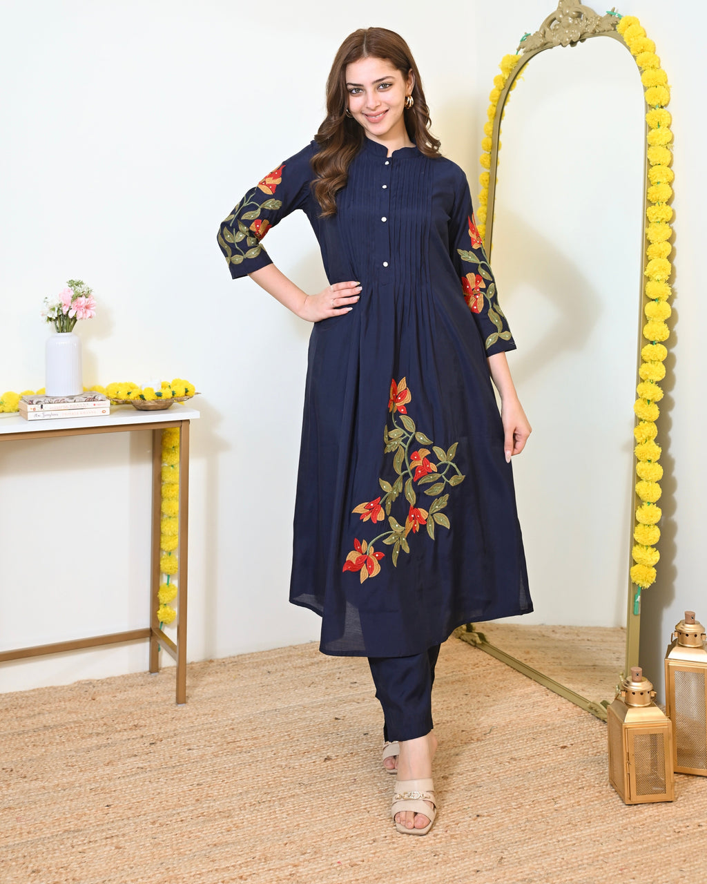 Navy Blue A Line Threadwork Roman Silk Kurta Set