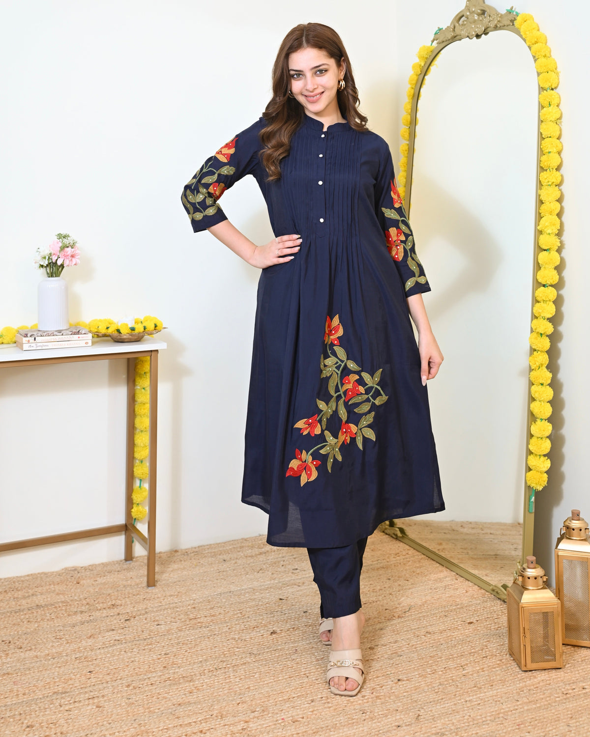Navy Blue A Line Threadwork Roman Silk Kurta Set