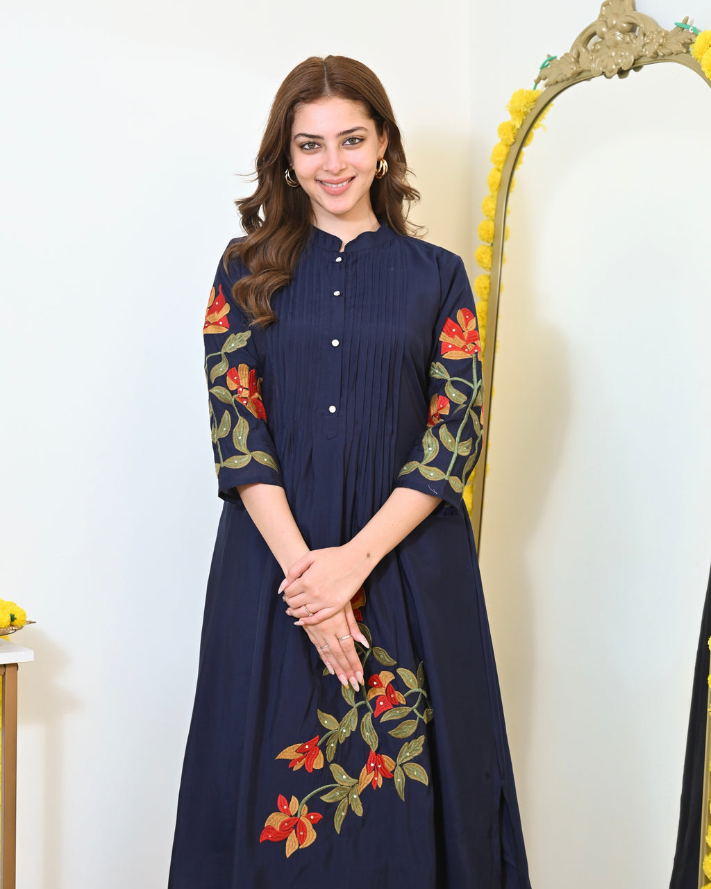 Navy Blue A Line Threadwork Roman Silk Kurta Set