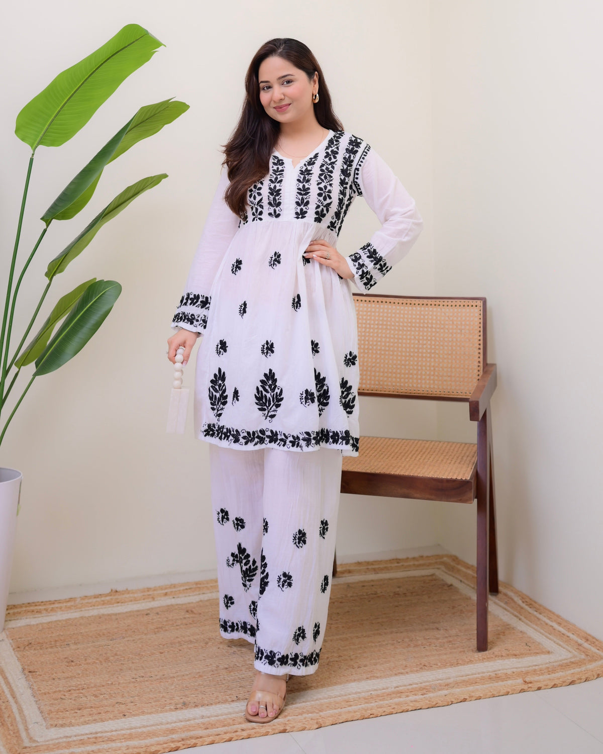 White Black Cotton Chikankari Peplum Palazzo Set