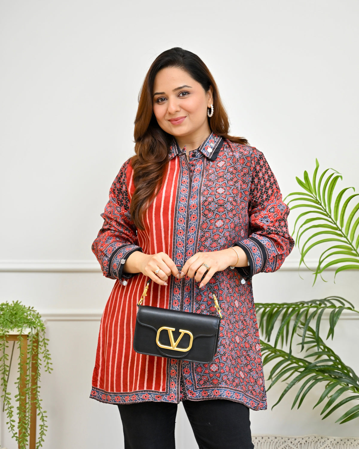 Crimson Monochrome Mosaic Crepe Ajrakh Shirt