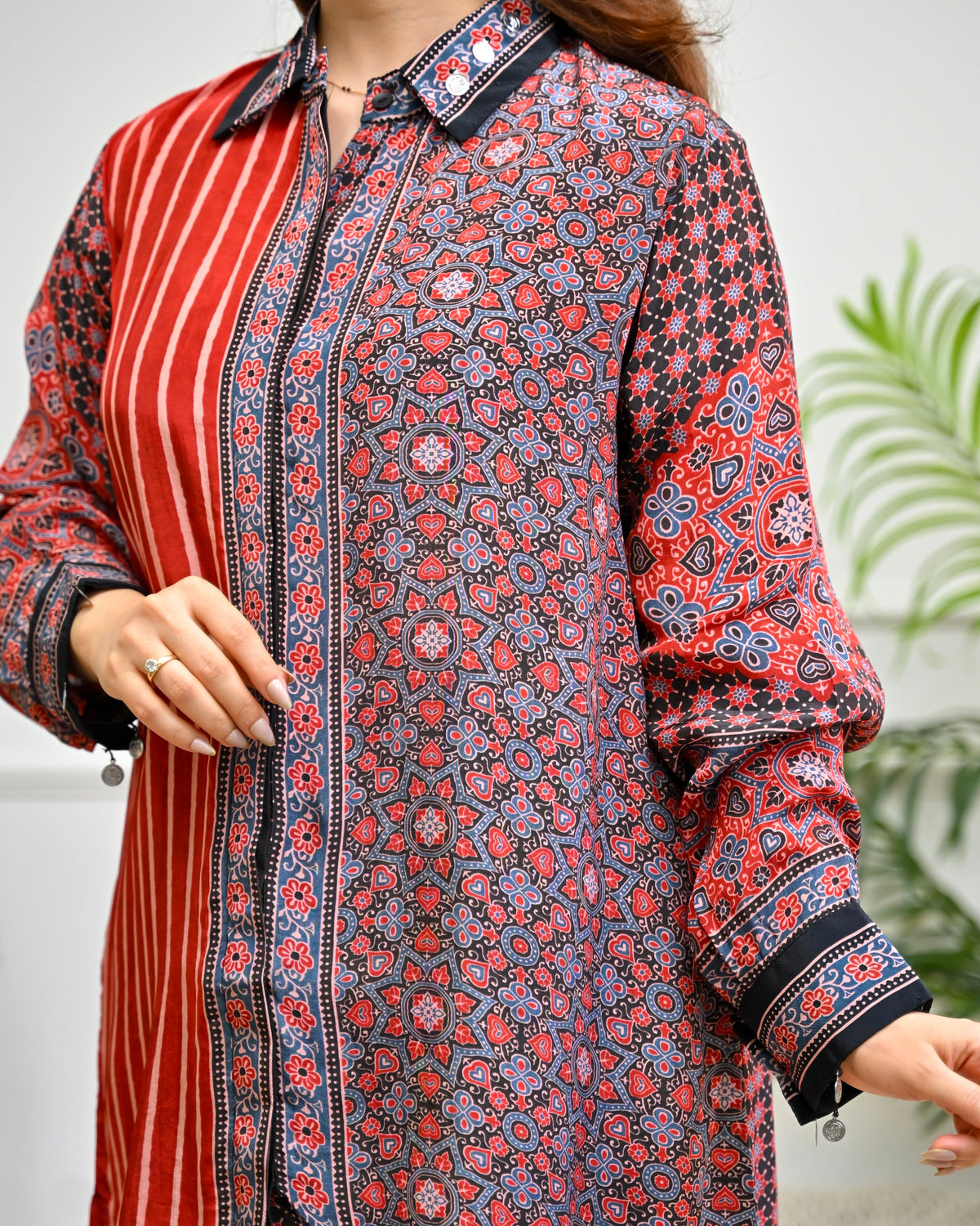 Crimson Monochrome Mosaic Crepe Ajrakh Shirt
