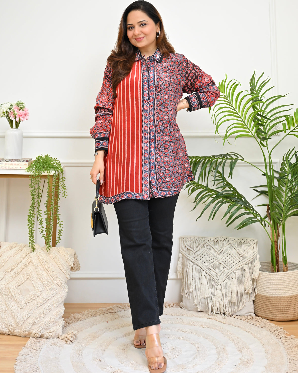 Crimson Monochrome Mosaic Crepe Ajrakh Shirt