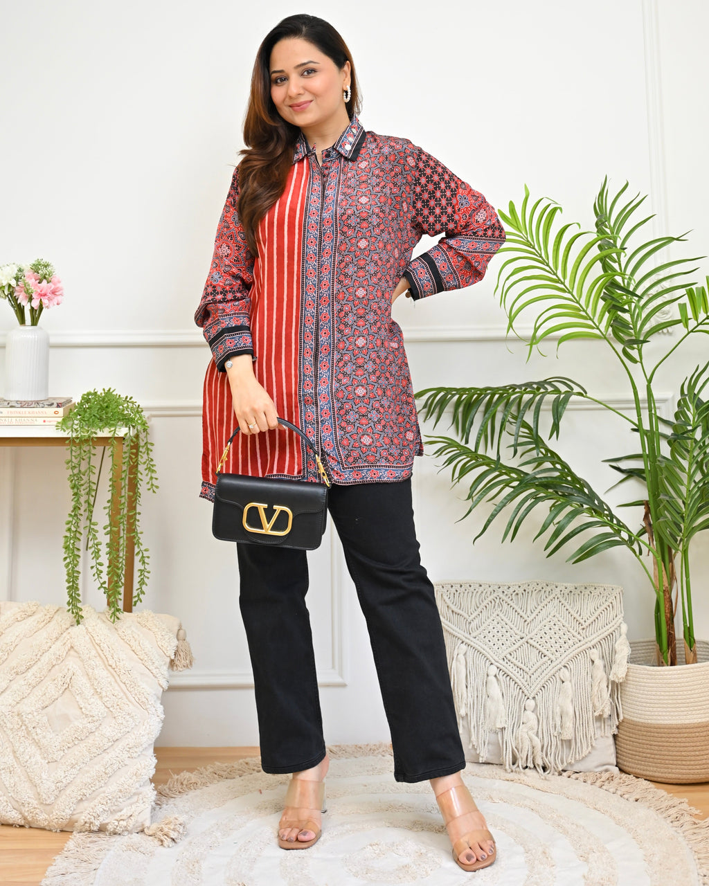 Crimson Monochrome Mosaic Crepe Ajrakh Shirt