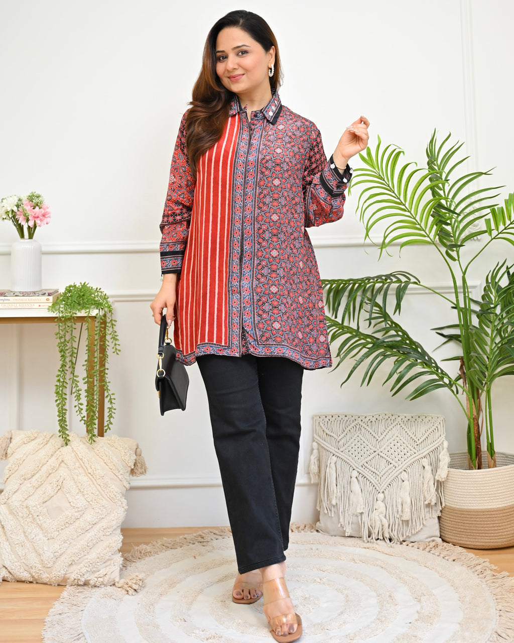 Crimson Monochrome Mosaic Crepe Ajrakh Shirt