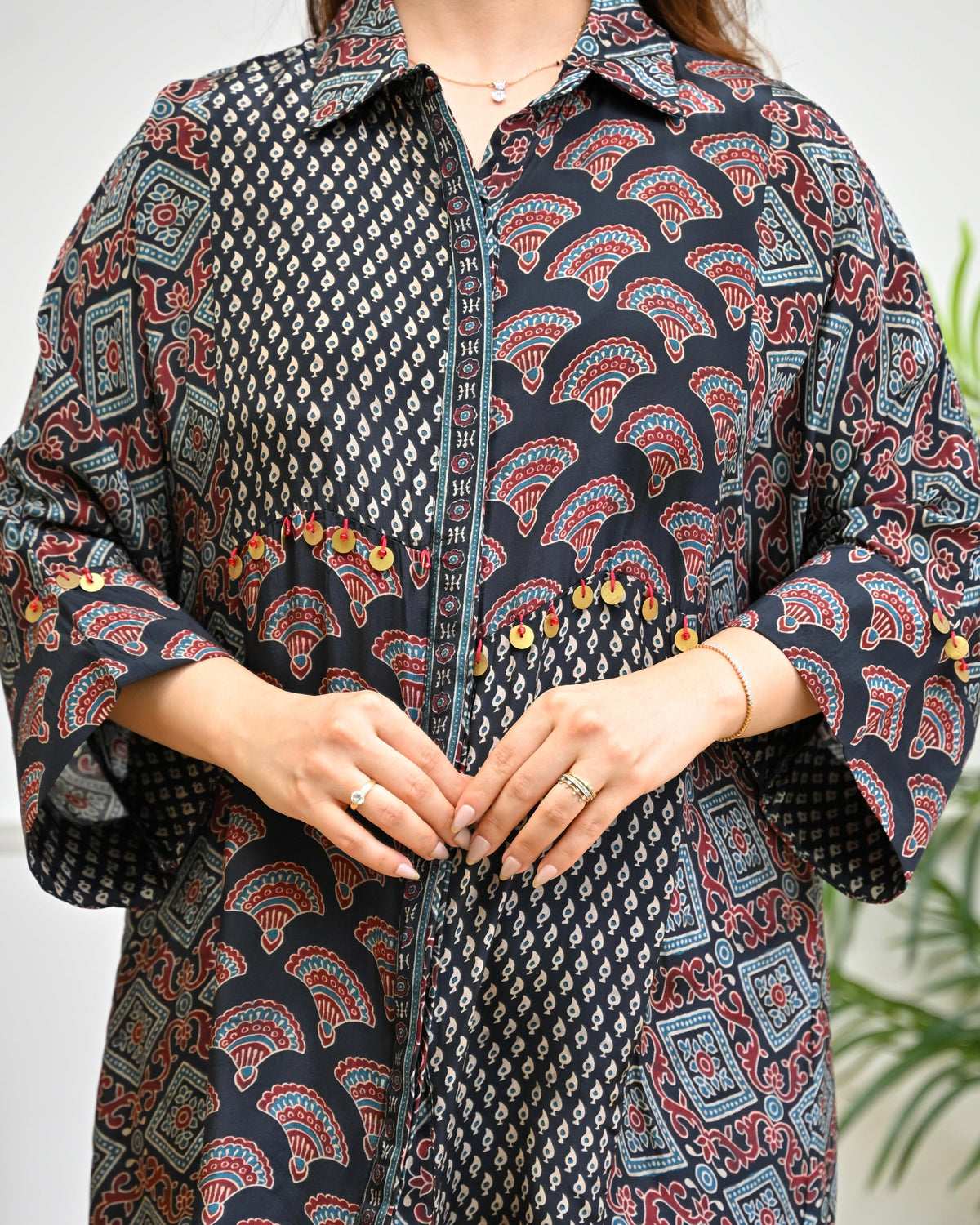 Midnight Mehroon Scallop Crepe Ajrakh Shirt