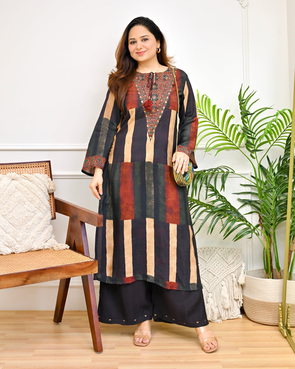 Black Mocha Stripes Bohemian Kurta Set