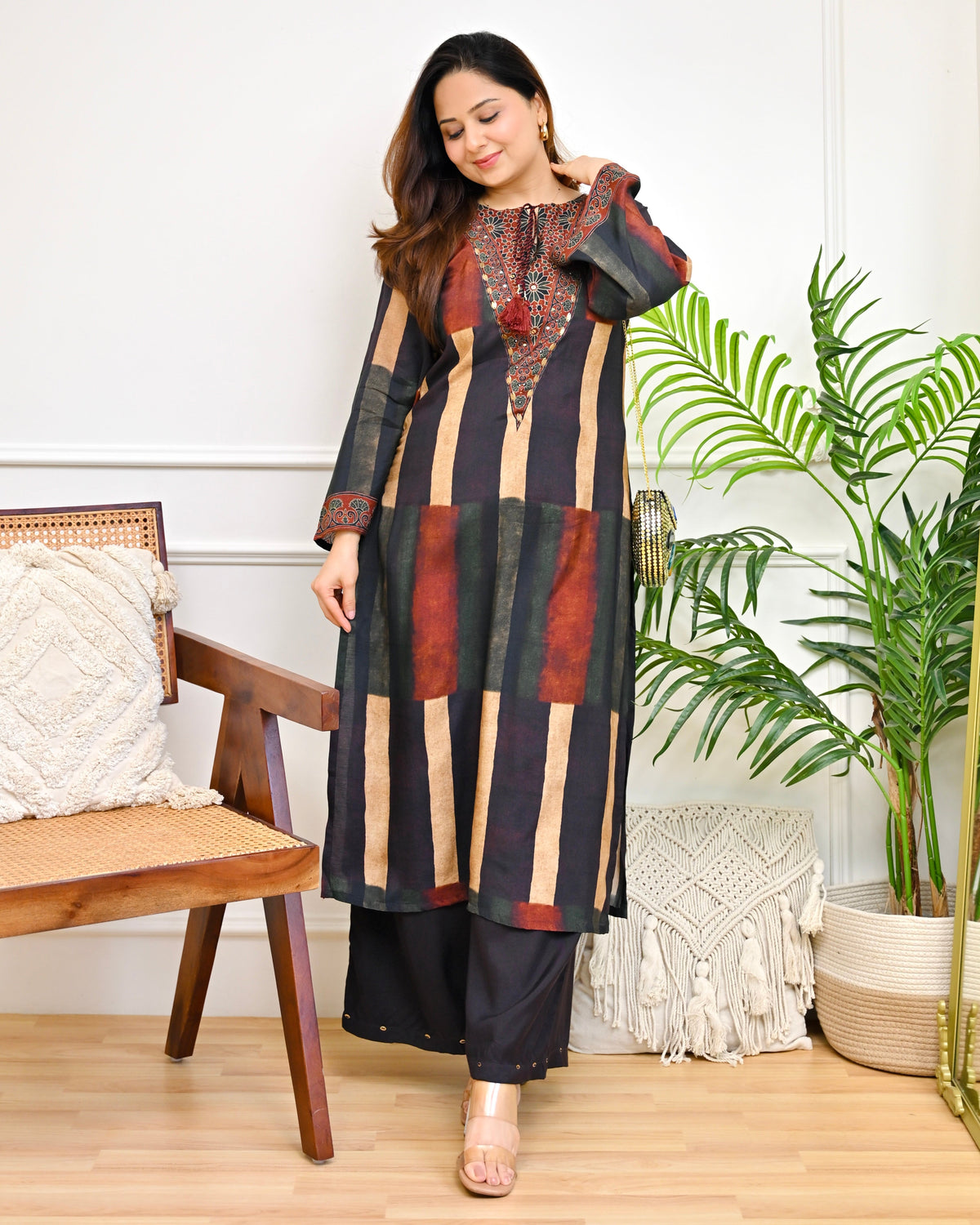 Black Mocha Stripes Bohemian Kurta Set