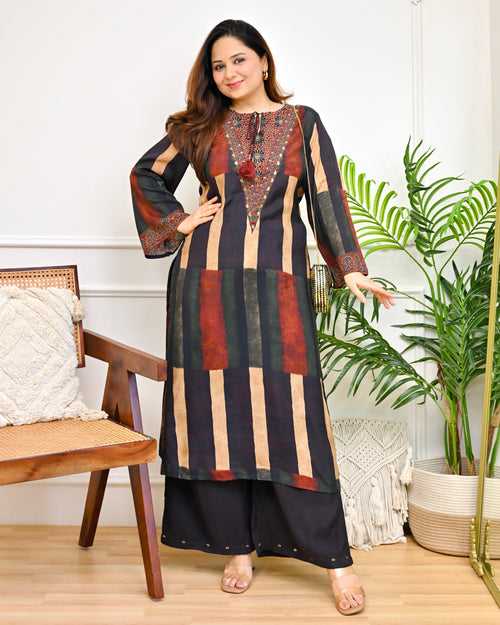 Black Mocha Stripes Bohemian Kurta Set