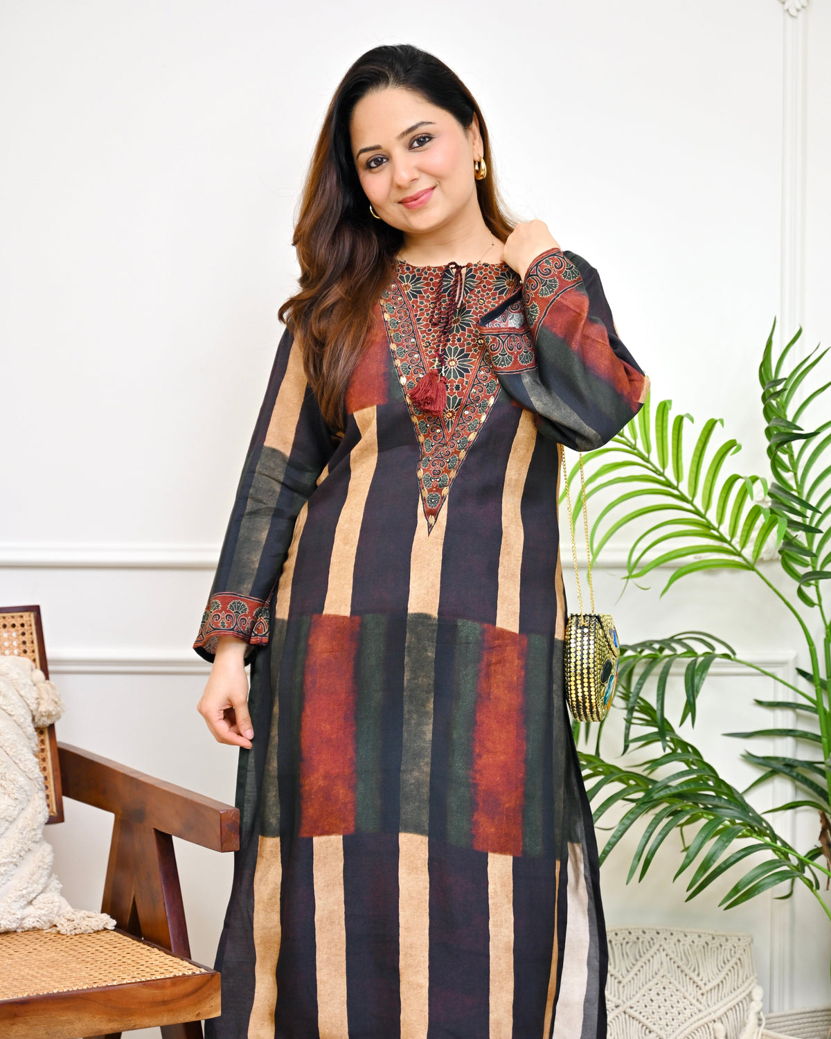 Black Mocha Stripes Bohemian Kurta Set