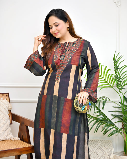 Black Mocha Stripes Bohemian Kurta Set