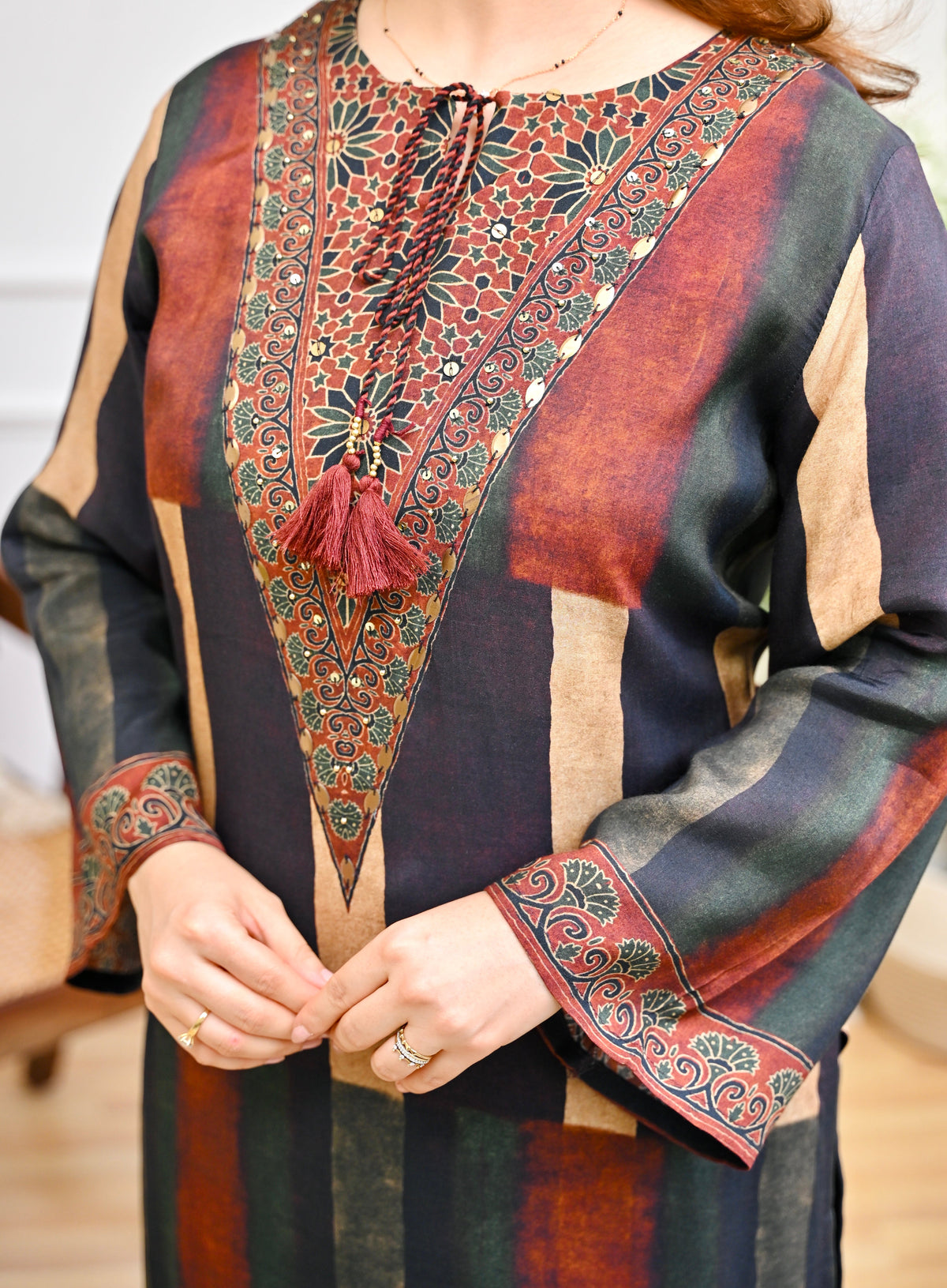 Black Mocha Stripes Bohemian Kurta Set