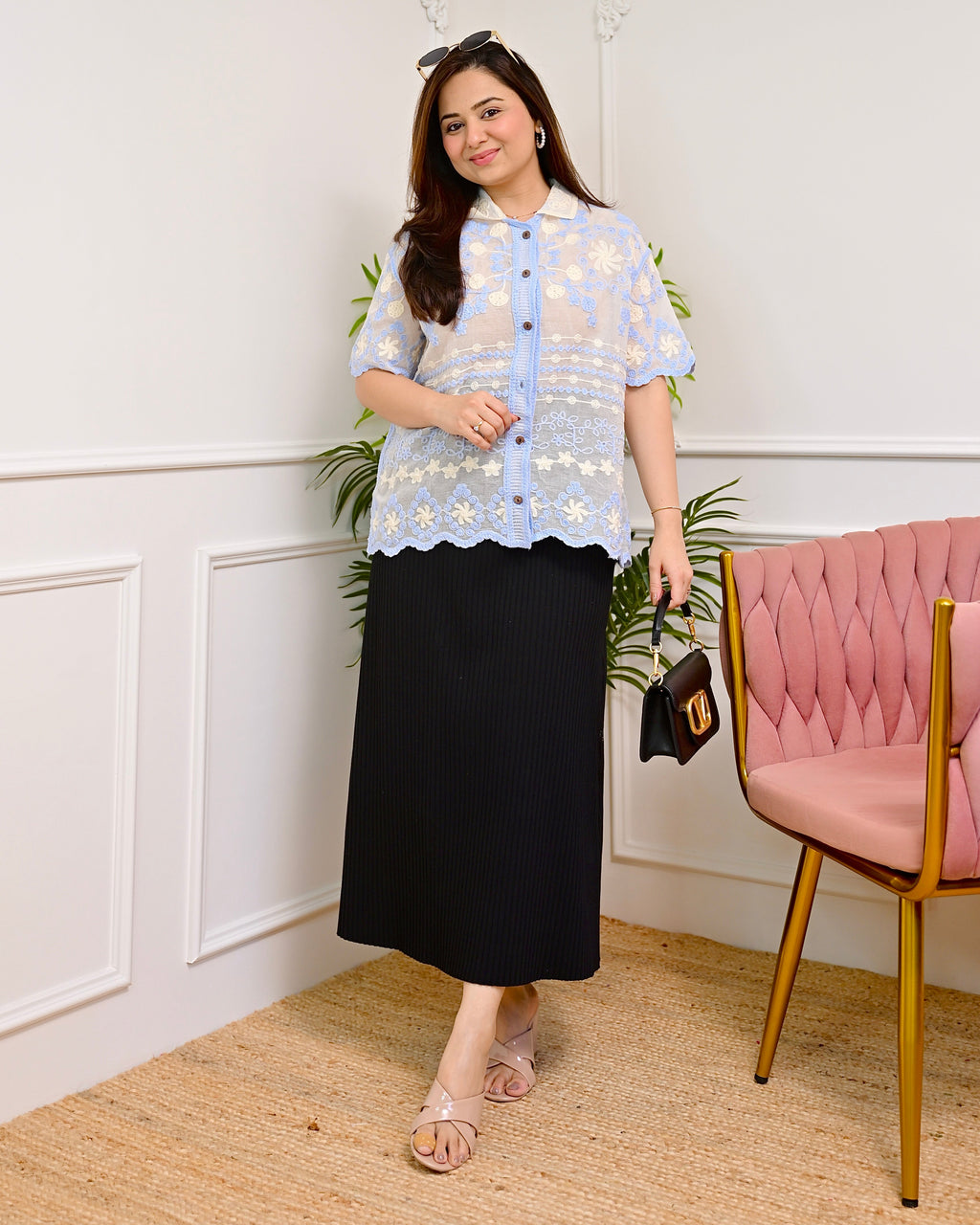 Ice Blue Harmony Threaded Korean Shirt