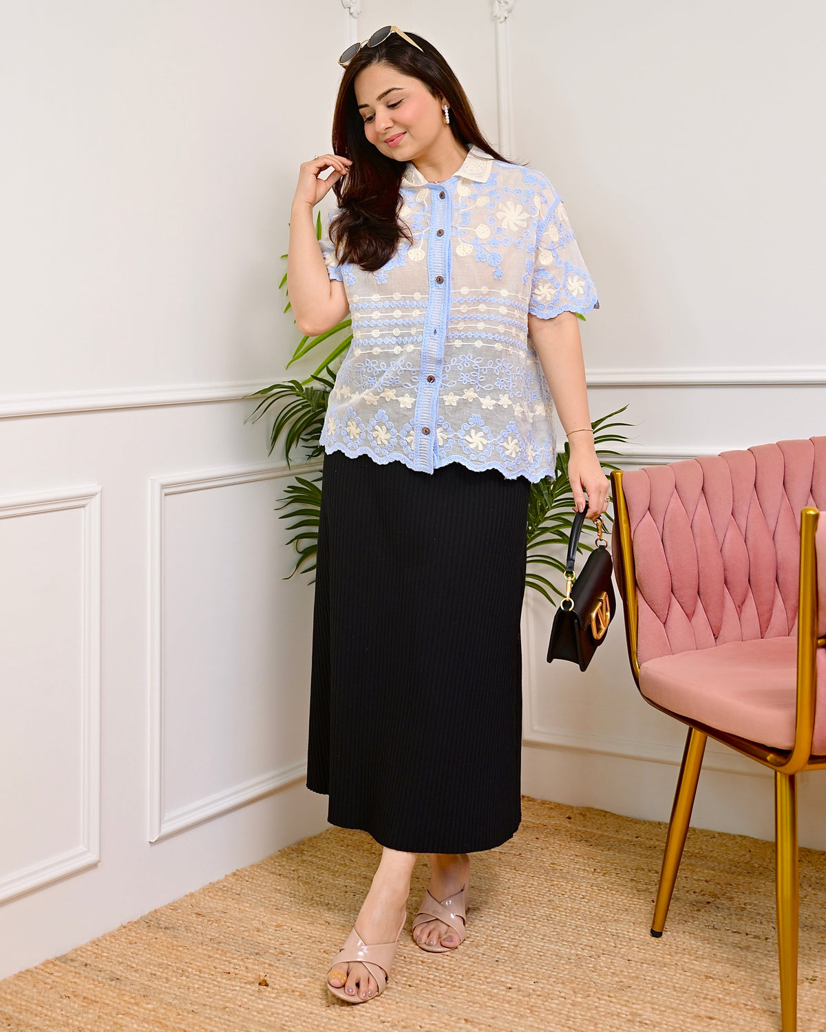 Ice Blue Harmony Threaded Korean Shirt