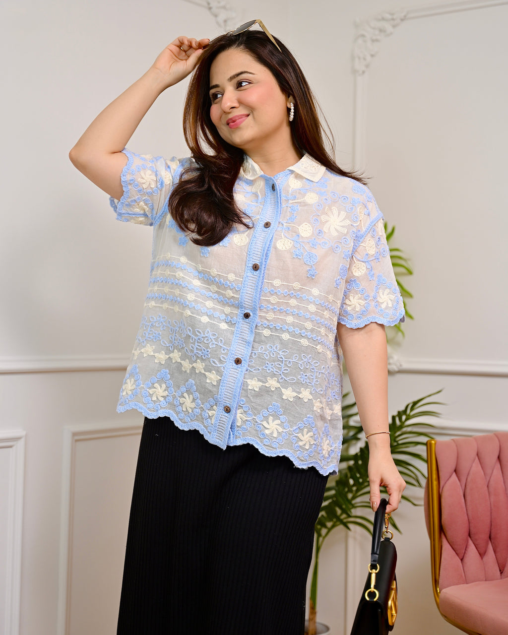 Ice Blue Harmony Threaded Korean Shirt