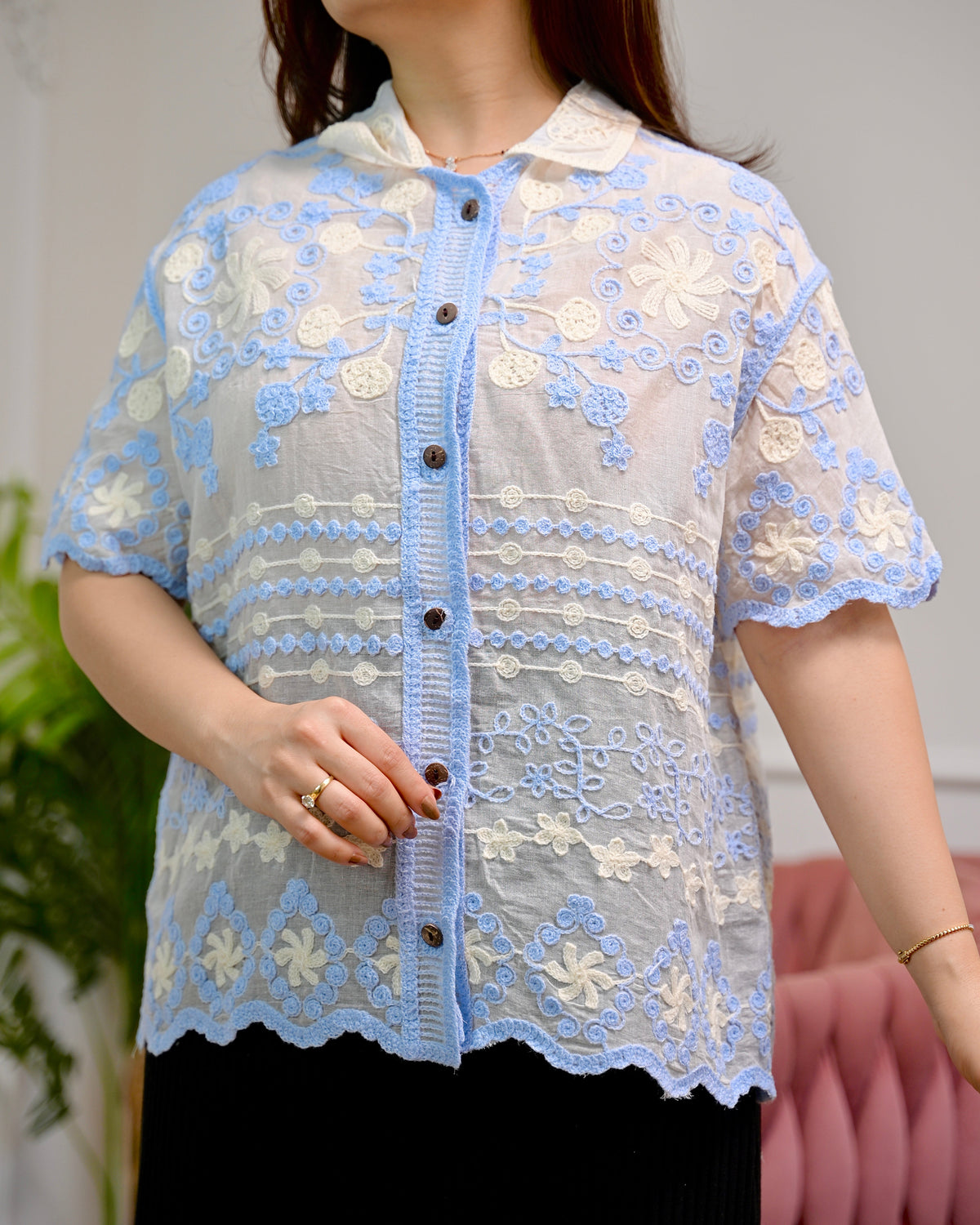 Ice Blue Harmony Threaded Korean Shirt