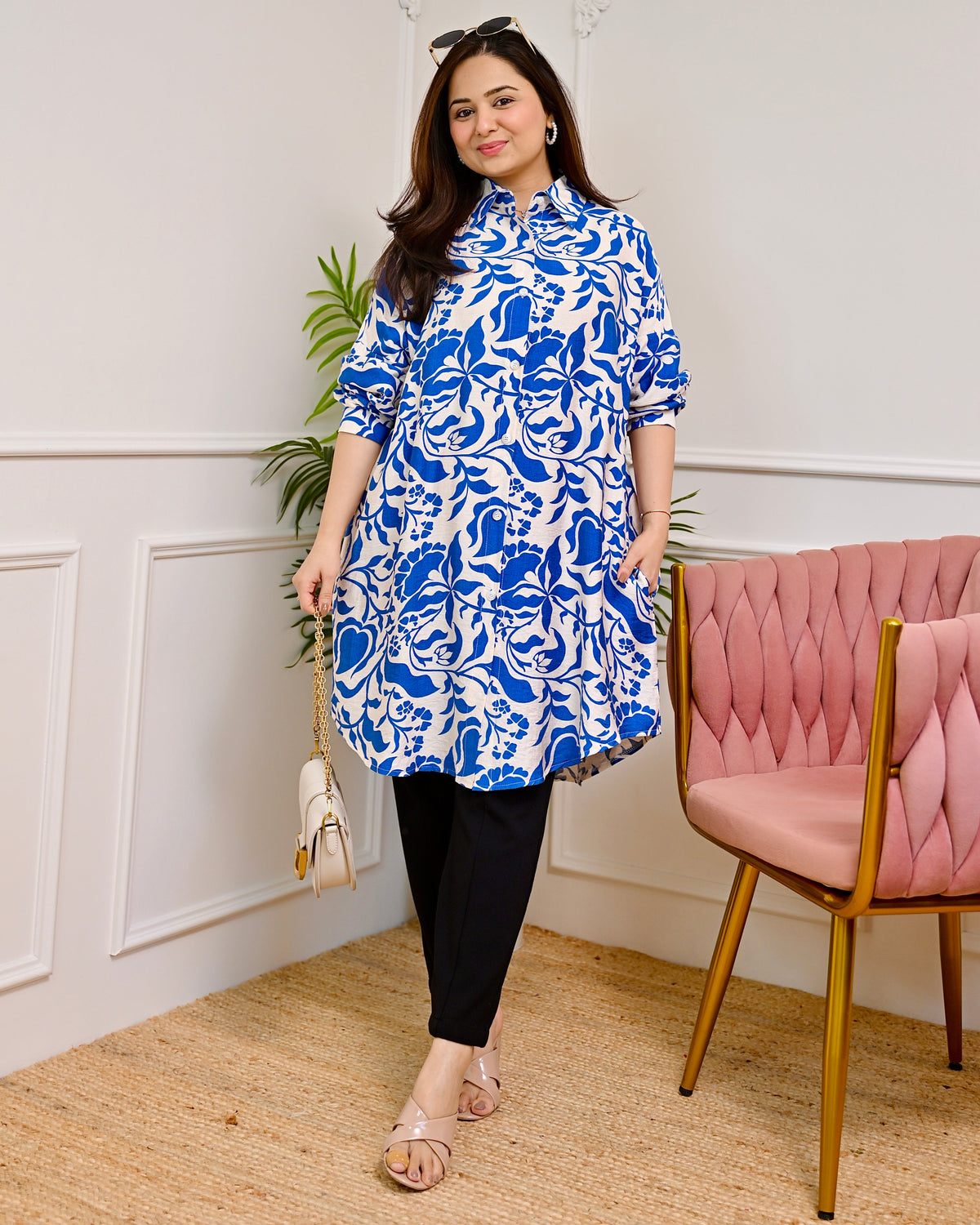 Cobalt Blue Floral Cotton Silk Tunic