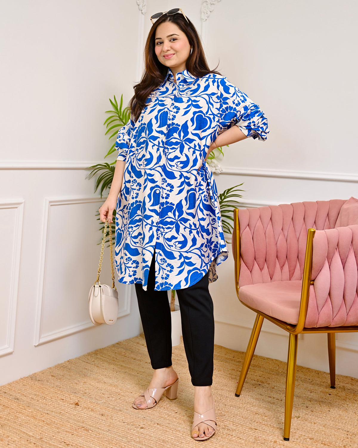 Cobalt Blue Floral Cotton Silk Tunic