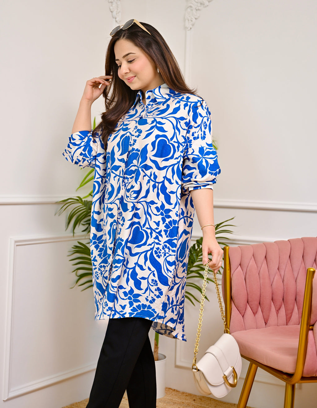 Cobalt Blue Floral Cotton Silk Tunic
