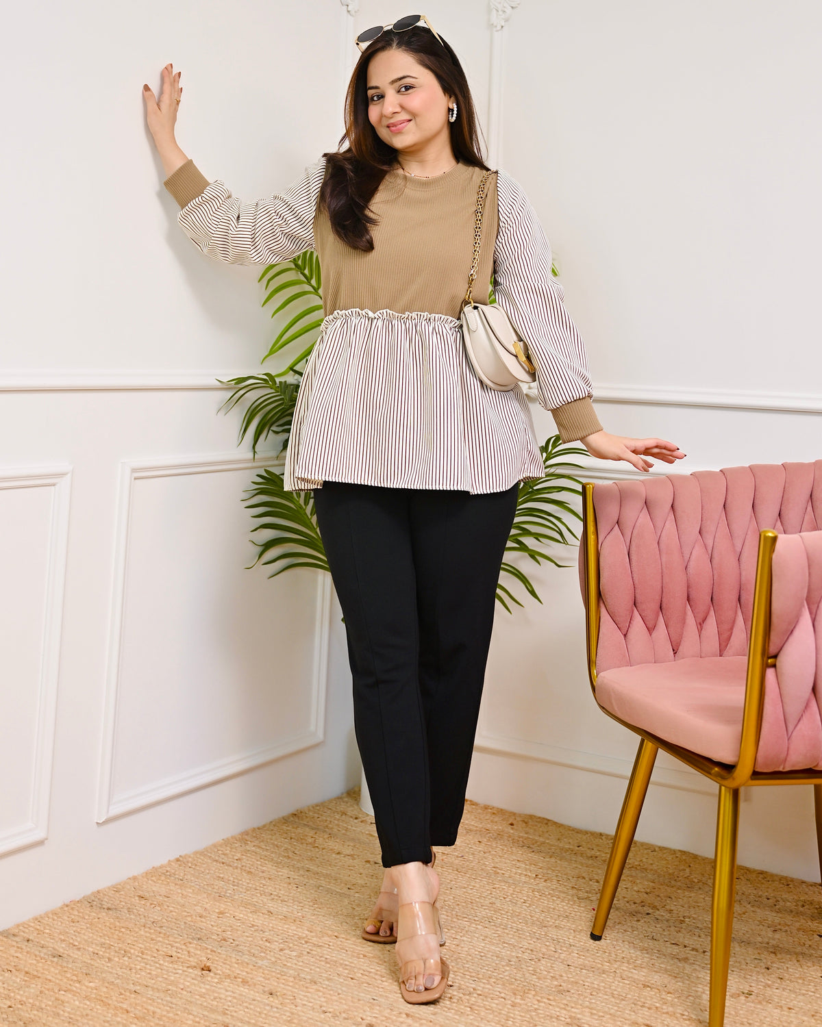 Striped Caramel Knitted Peplum Top
