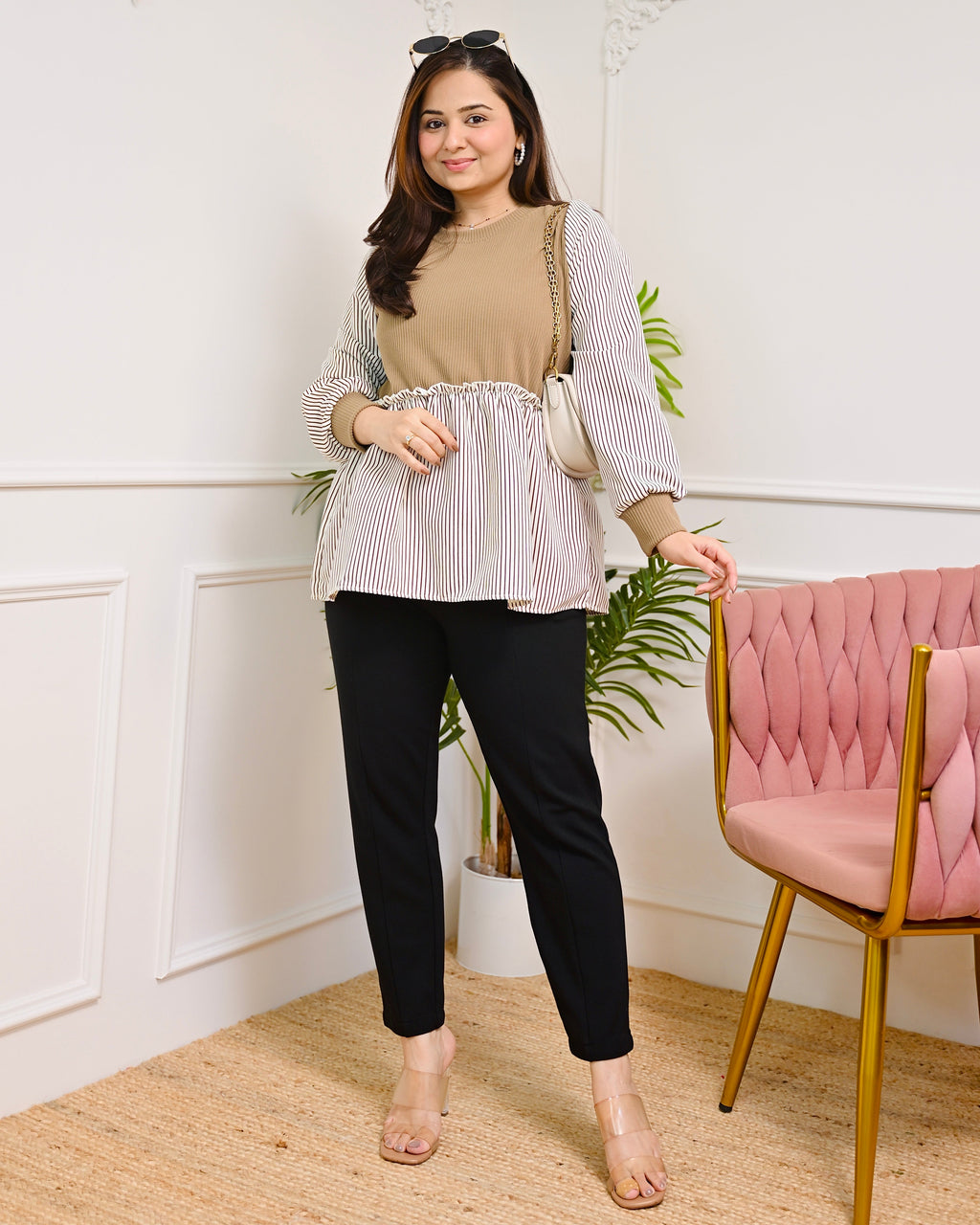 Striped Caramel Knitted Peplum Top