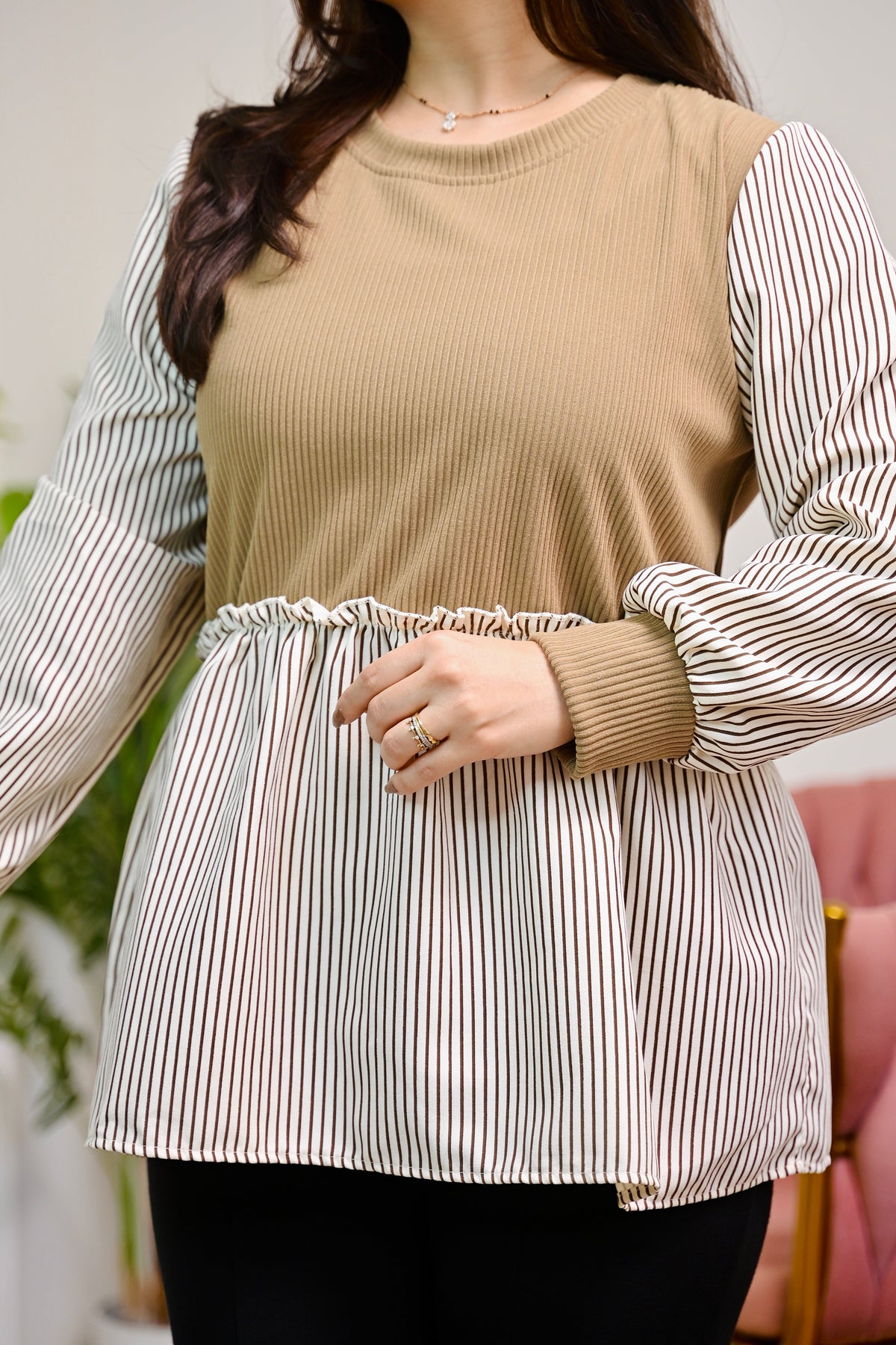 Striped Caramel Knitted Peplum Top