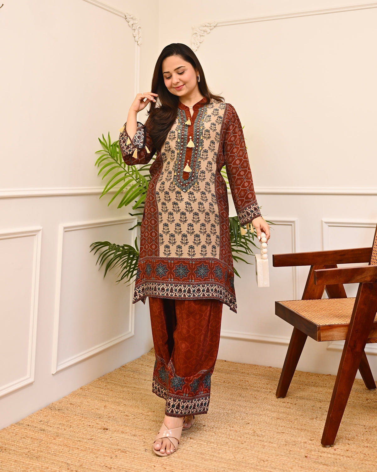 Mehroon Sheesh Mahal Ajrakh Crepe Farshi Co-ord