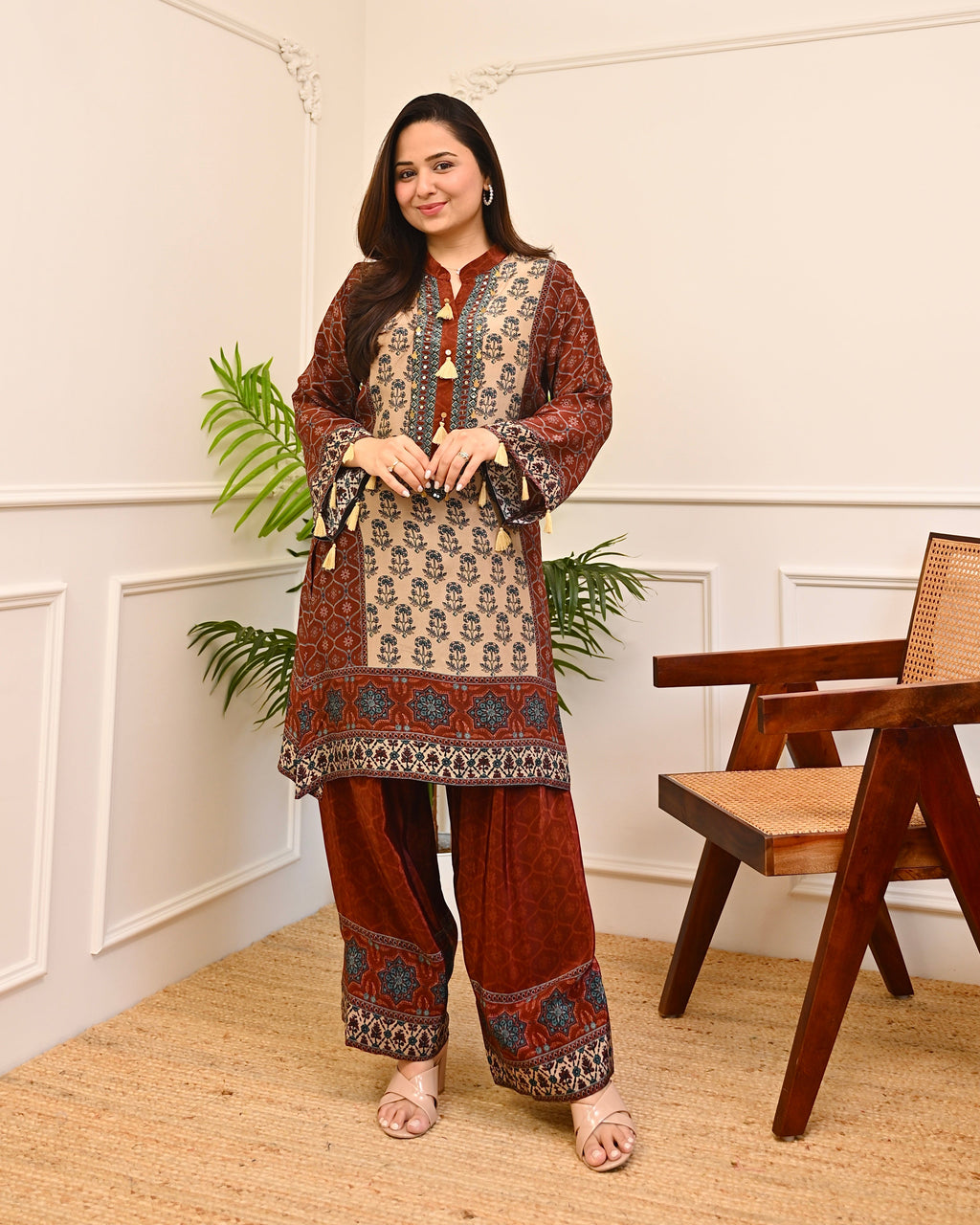 Mehroon Sheesh Mahal Ajrakh Crepe Farshi Co-ord