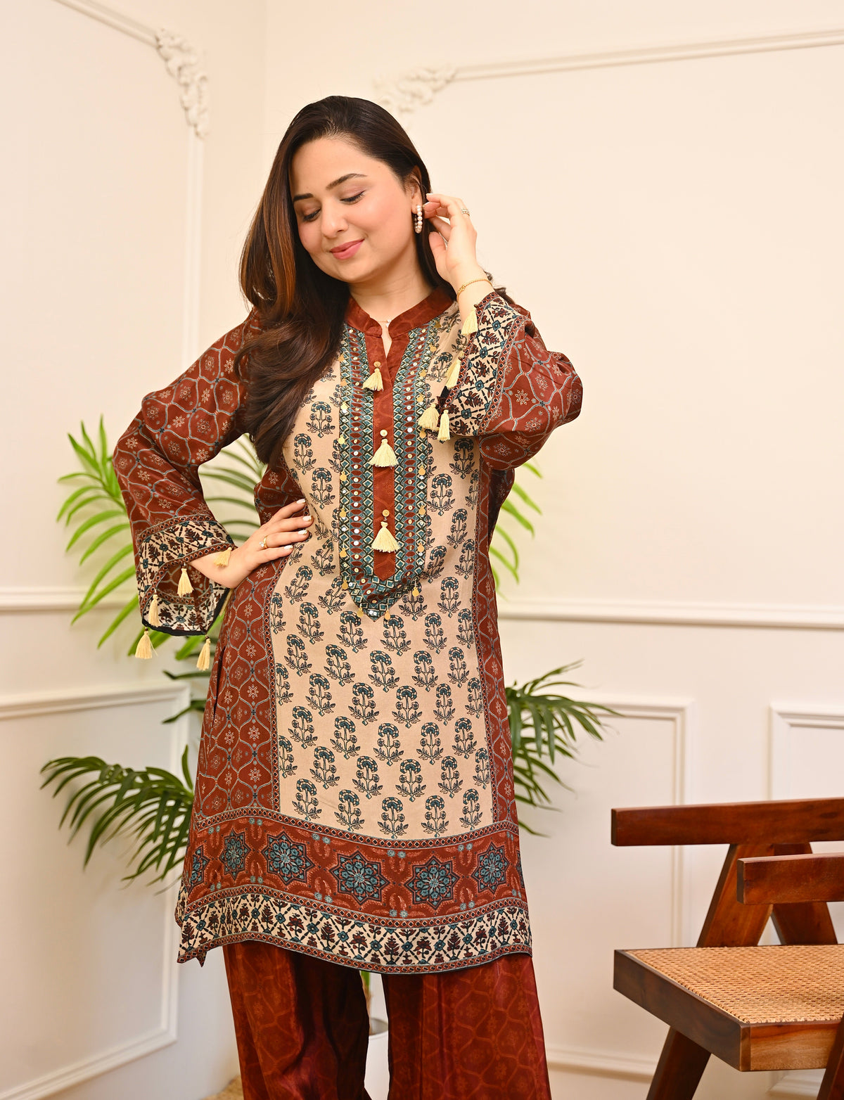 Mehroon Sheesh Mahal Ajrakh Crepe Farshi Co-ord