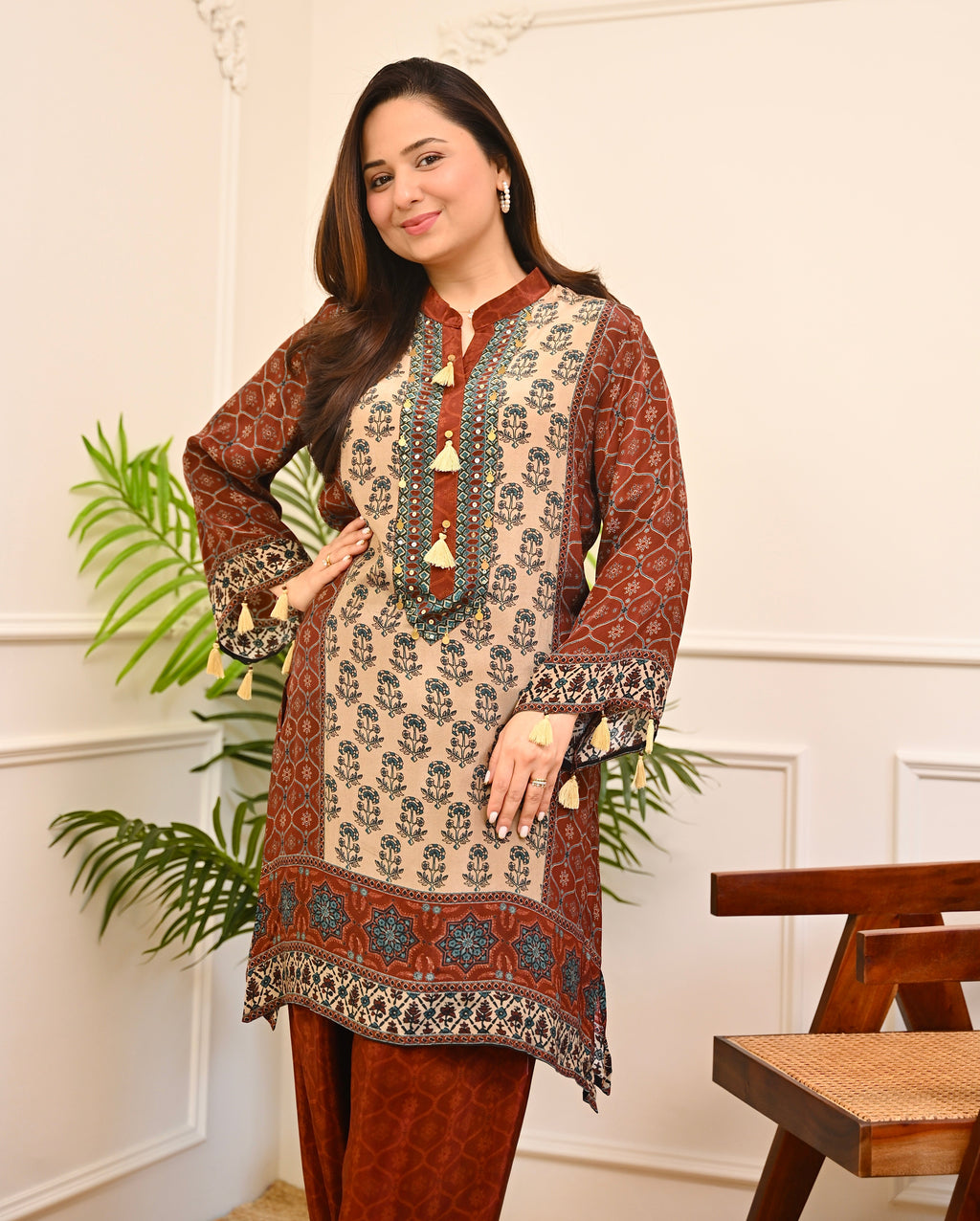 Mehroon Sheesh Mahal Ajrakh Crepe Farshi Co-ord