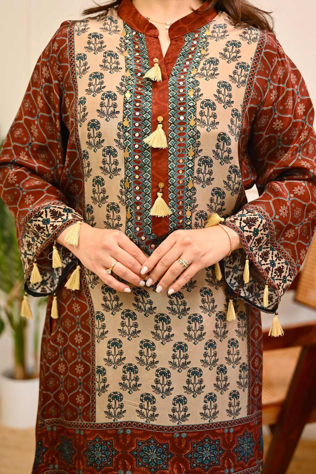 Mehroon Sheesh Mahal Ajrakh Crepe Farshi Co-ord