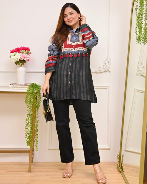 Black Tribal Mystic Threads Cotton Crepe Shirt