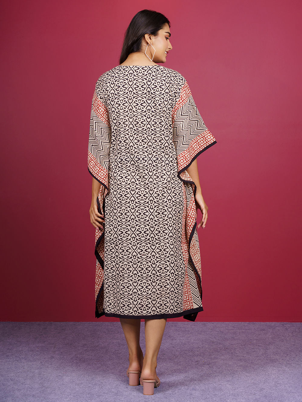 Beige Bagru Hand Block Printed Cotton Kaftan