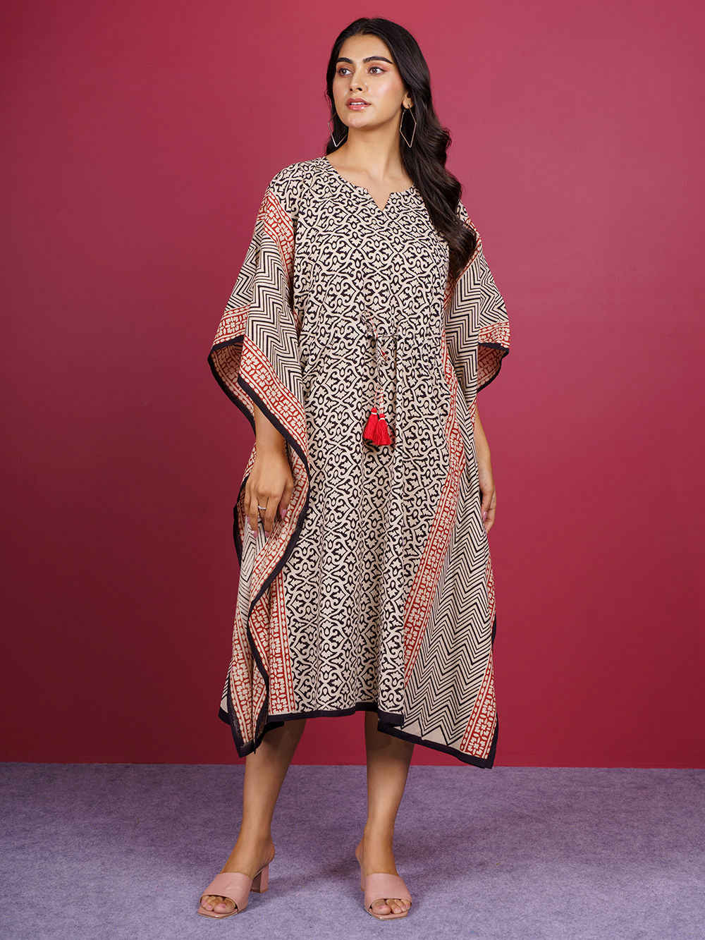 Beige Bagru Hand Block Printed Cotton Kaftan