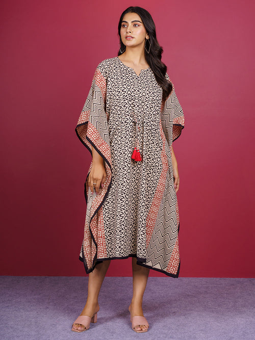 Beige Bagru Hand Block Printed Cotton Kaftan