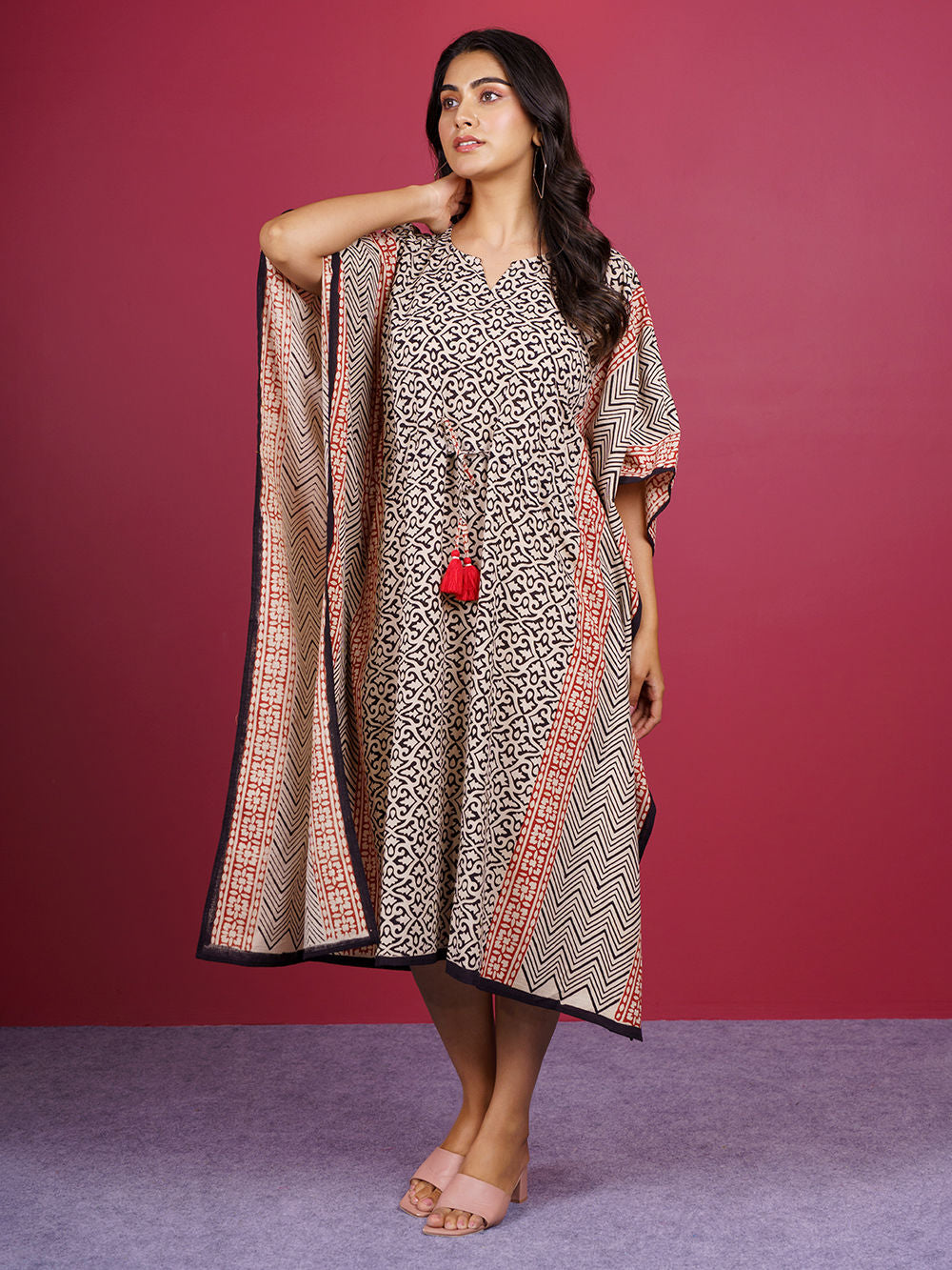 Beige Bagru Hand Block Printed Cotton Kaftan