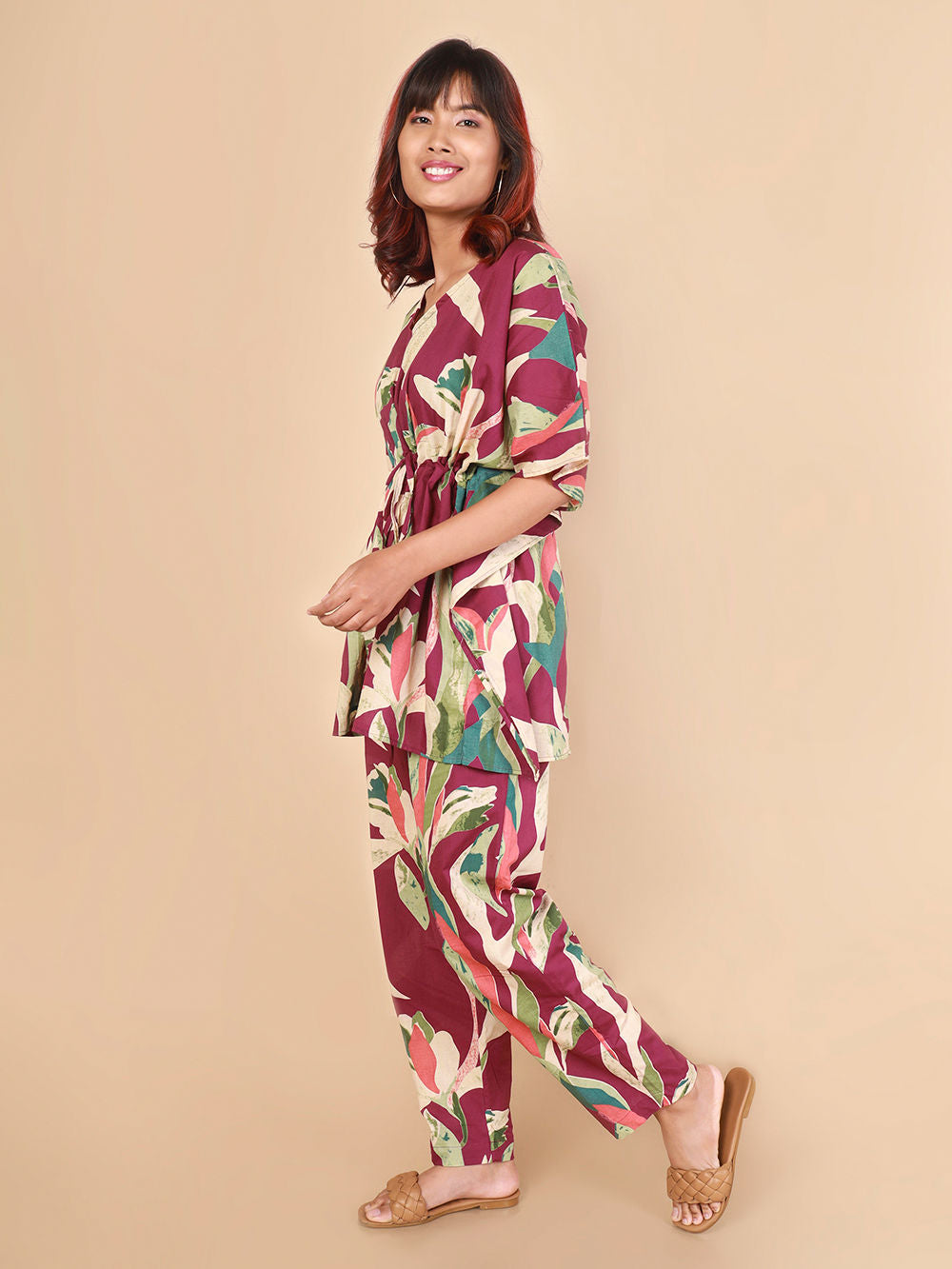 Wine Printed Cotton Nightwear- Set of 2