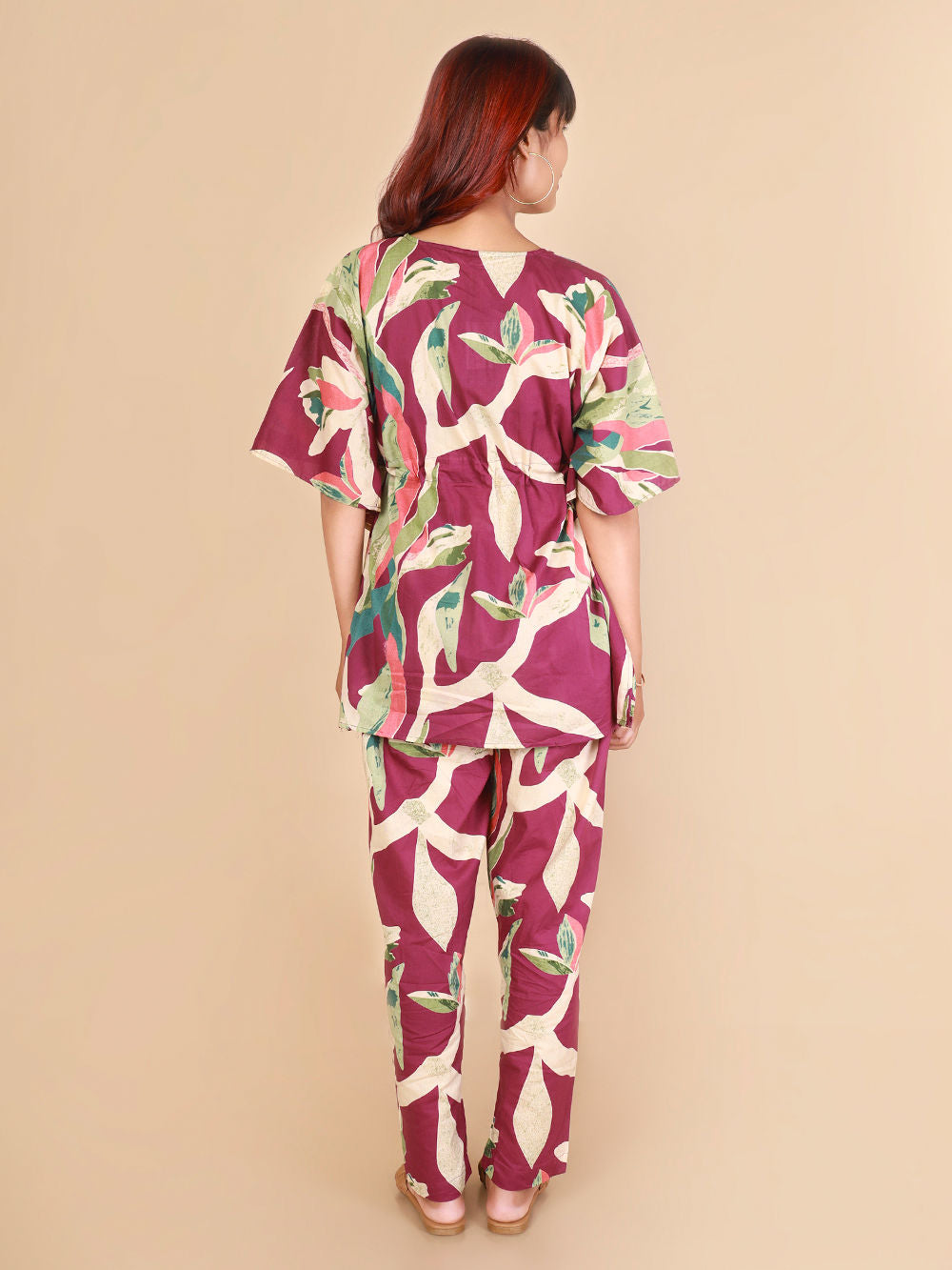 Wine Printed Cotton Nightwear- Set of 2