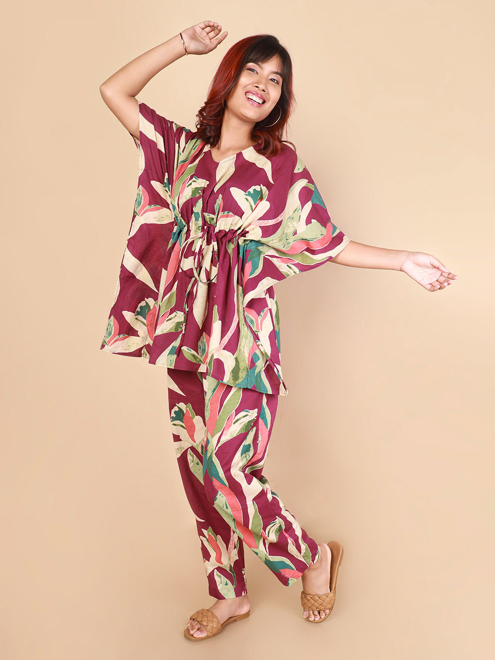 Wine Printed Cotton Nightwear- Set of 2