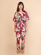 Wine Printed Cotton Nightwear- Set of 2