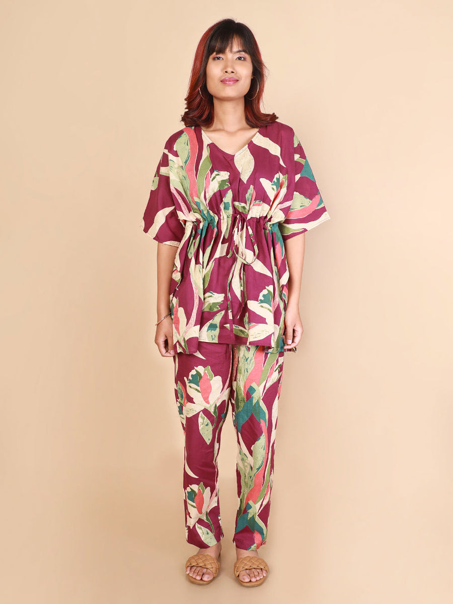 Wine Printed Cotton Nightwear- Set of 2